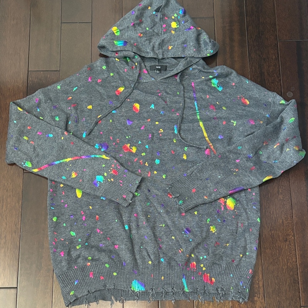 Fate Grey Metallic Splatter Oversized Hooded Sweater. Large.